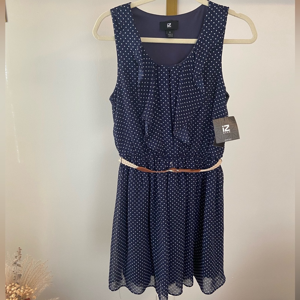 Navy & White Polka Dot Belted Dress Size Medium